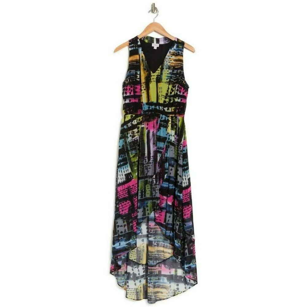 Crossover Hi Lo Sleeveless Dress Abstract Geometric Pattern Size 18 Black - Picture 2 of 6